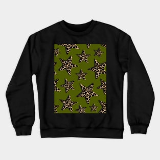 Leopard Print, Stars, on Green Crewneck Sweatshirt